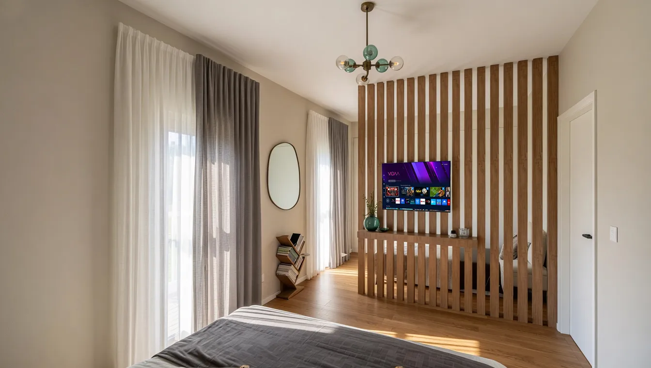 Bedroom with timber slatted partition