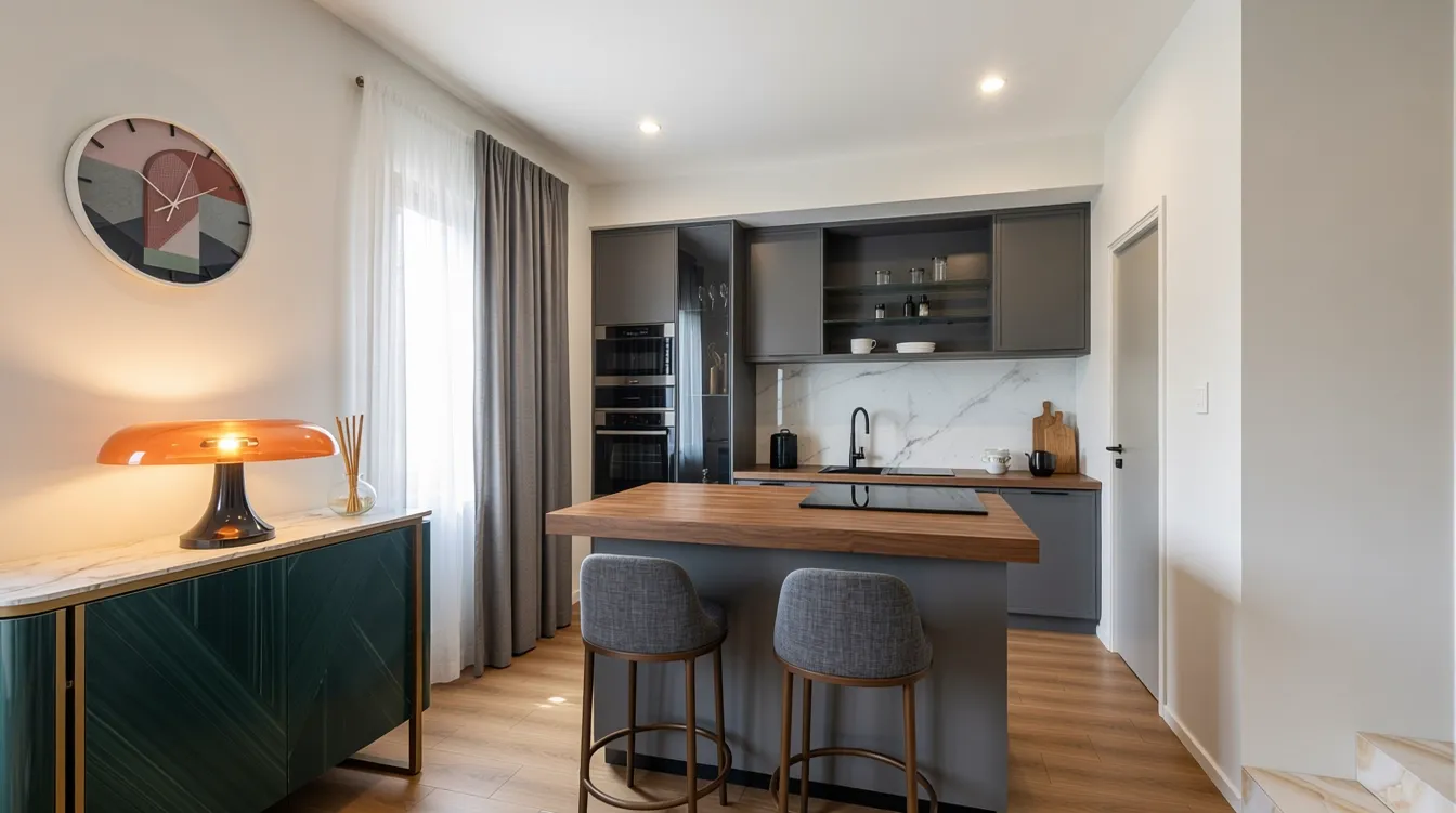 Kitchen with island and stools