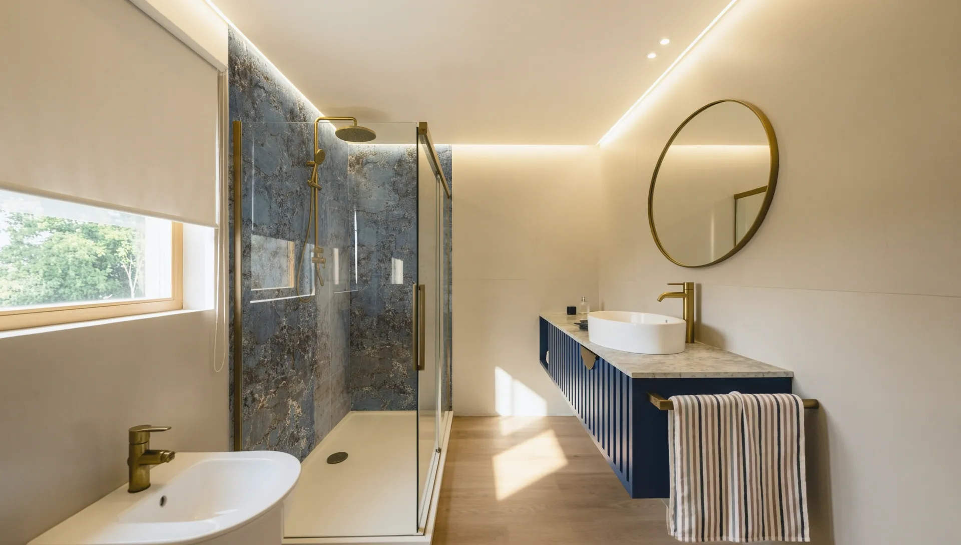 Bathroom with glass shower and blue vanity unit