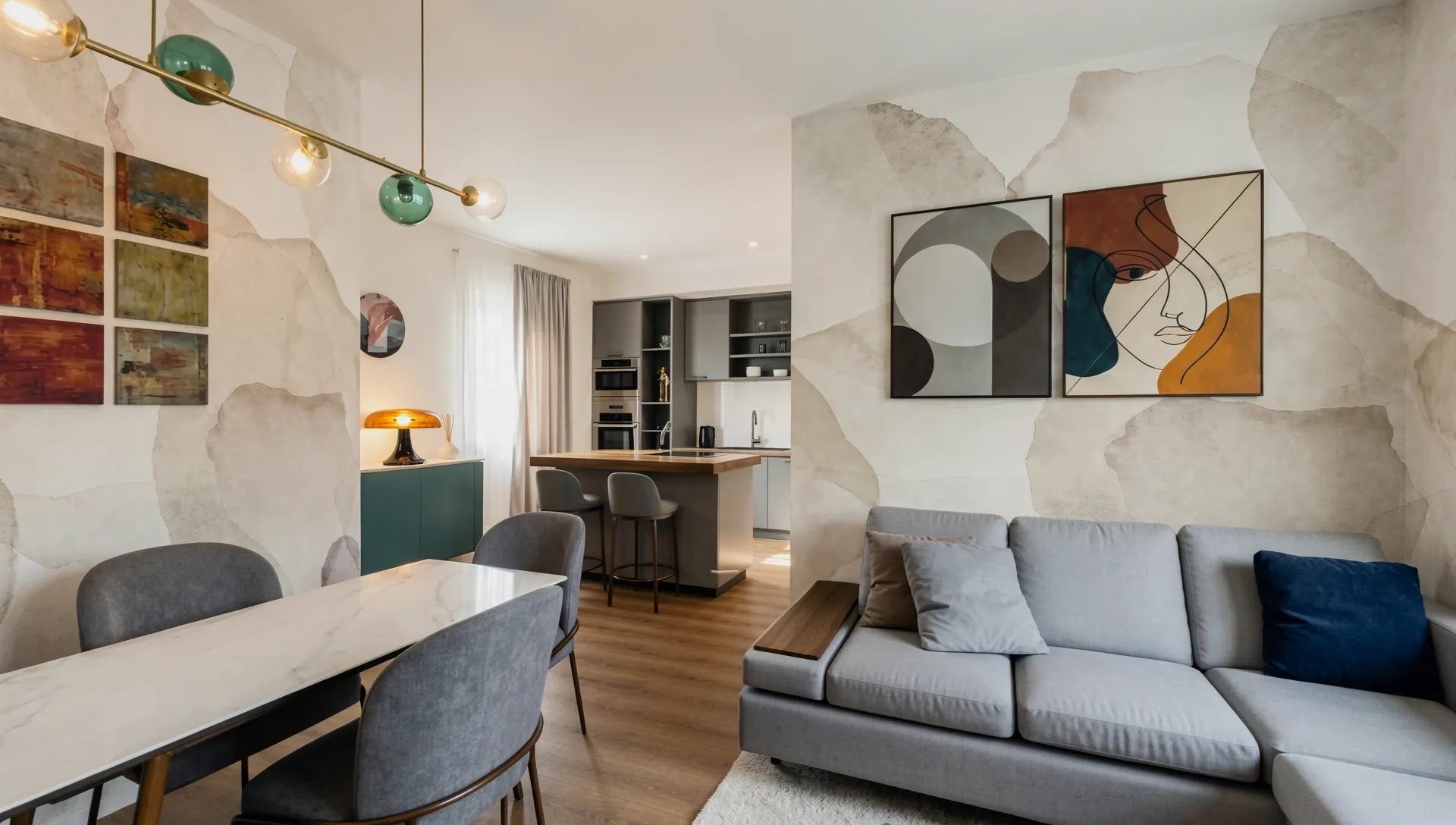 Soggiorno con divano e zona pranzo, con la cucina sullo sfondo