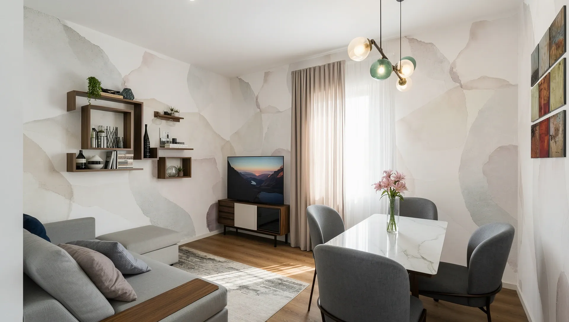 Dining and living area with wall shelves