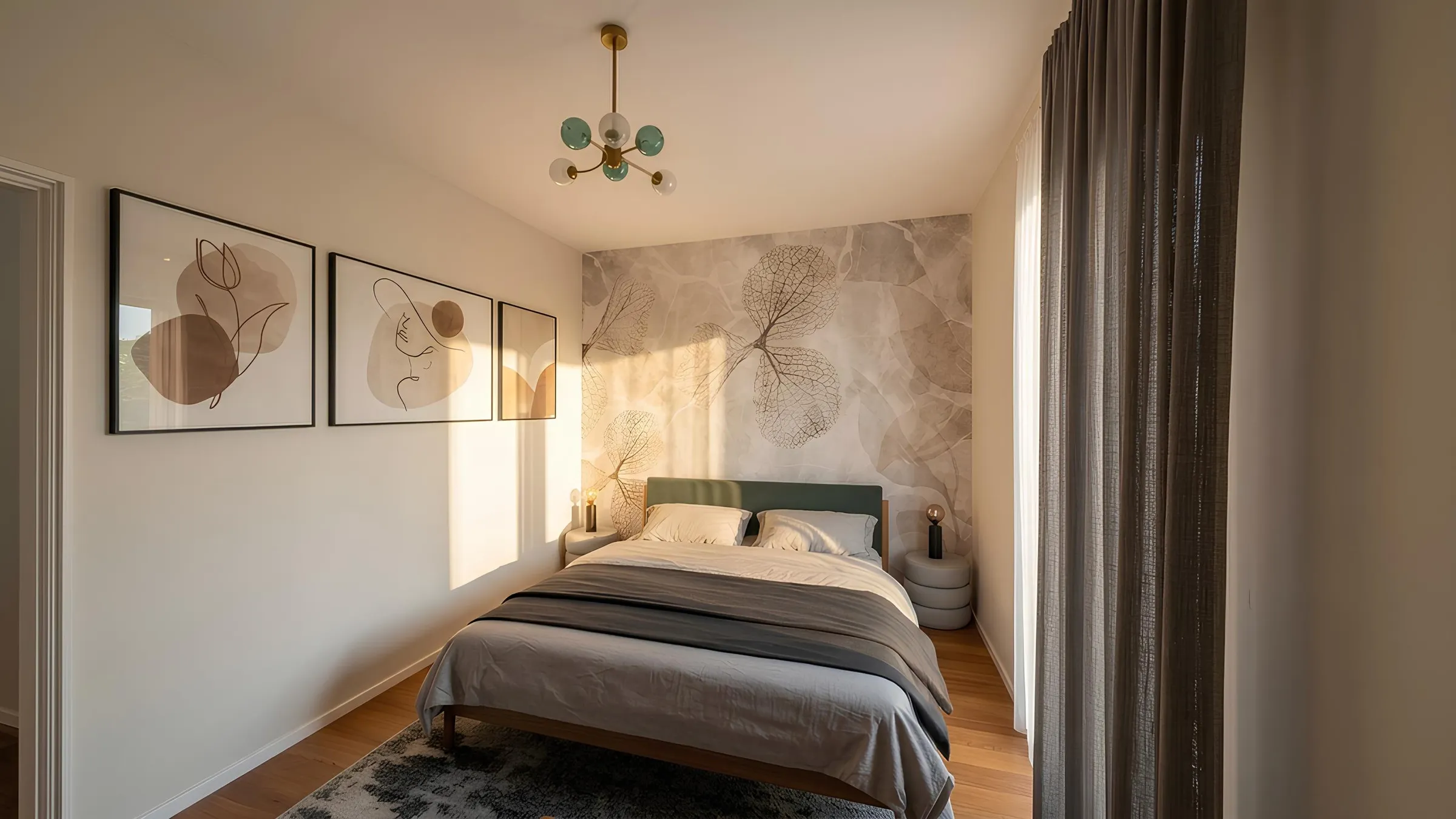 Double bedroom with decorative wallpaper