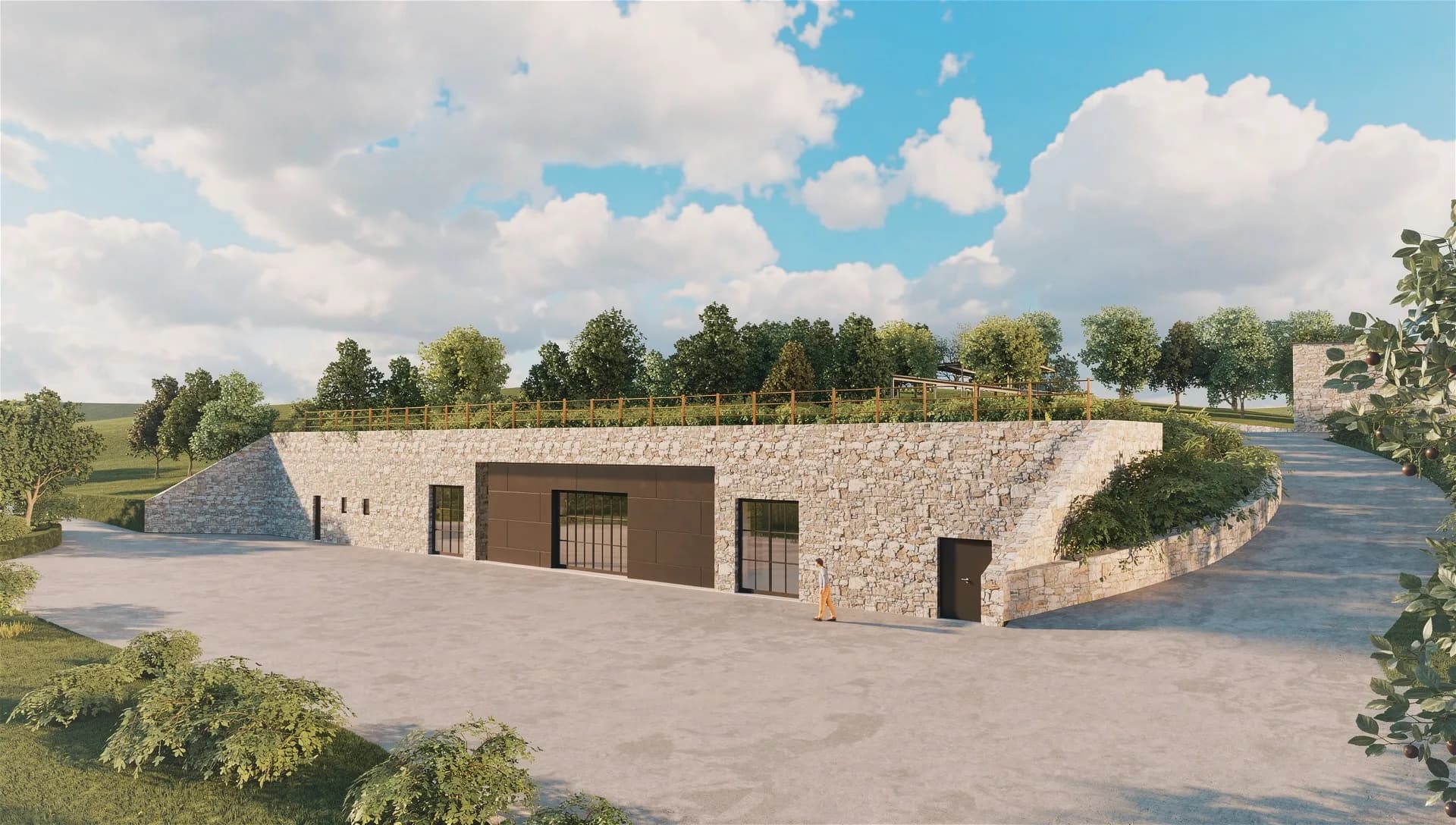 Render del fronte d'ingresso in pietra della cantina