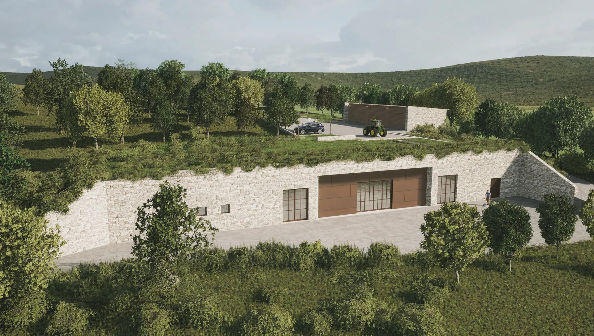 Rendering of the winery set into the slope and covered by the garden roof