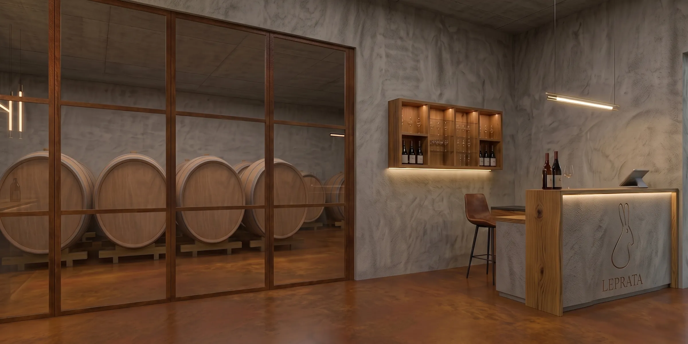 Rendering of the barrique room and tasting area