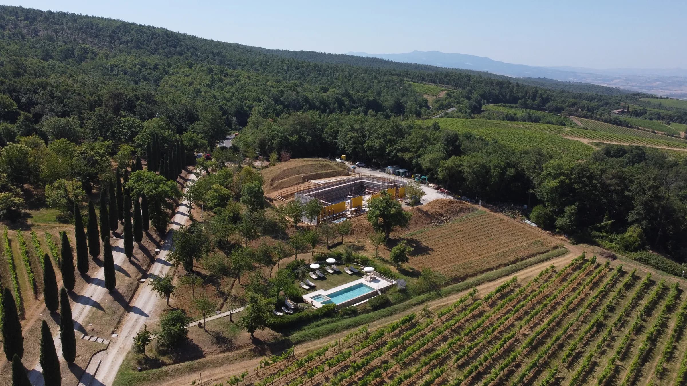 The estate seen from above, among vineyards and woods
