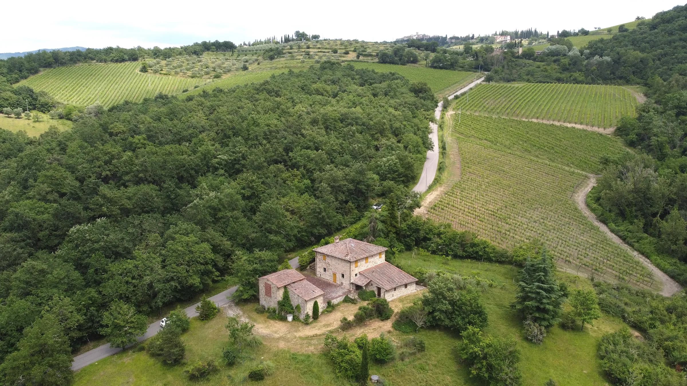 Il complesso immobiliare visto dall'alto, tra boschi e vigneti
